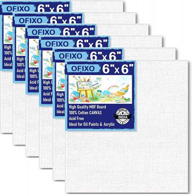 OFIXO Cotton Canvas Board Medium Grain 6 X 6 Inch - Pack of 6 - White