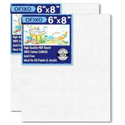 OFIXO Cotton Canvas Board for Painting Medium Grain 6 X 8 Inch - 100% Art Panels for Oil, Acrylic & Watercolour Paint (Pack of 2 – White)