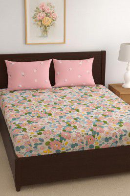 ohello® 300 TC Cotton Feel Glace Cotton Elastic Fitted Printed King Size Double Bed Bedsheet with 2 Pillow Covers (BS_557_King)