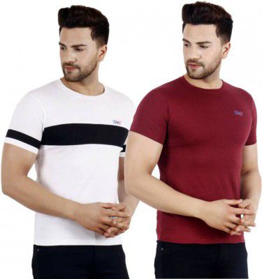 OJSR  Pack of 2 Men Colorblock Round Neck Pure Cotton Red, White T-Shirt