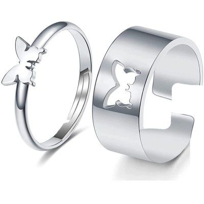 Okos Cz Jewellery Rhodium Plated Brass Metal Fluttering Butterfly Adjustable Couple Ring For Men And Women FR1000965