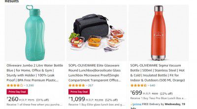 Oliveware Glass Lunchbox + Steel Vaccum Bottle + 2 Ltr Water Bottle @ ₹1049