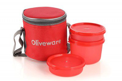 Oliveware - Polypropylene Lunch Box Set Red- Bag with 3 Containers | Idle for Office Use | Microwave Safe Leak Proof | Full Meal | Easy to Carry