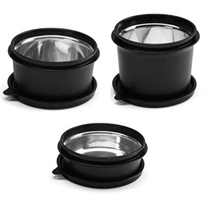 oliveware Device Benny Microwave Containers with BPA Free Airtight Lid, Leak Proof, 3 Inner Steel Container (290 ml, 450 ml & 600 ml) - Black, Plastic