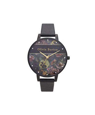 Olivia Burton Varsity Qtz Basic Black & Floral & Stone Round Dial Women's Watch|Black Leather Material|Black Color Band - OB16VS05