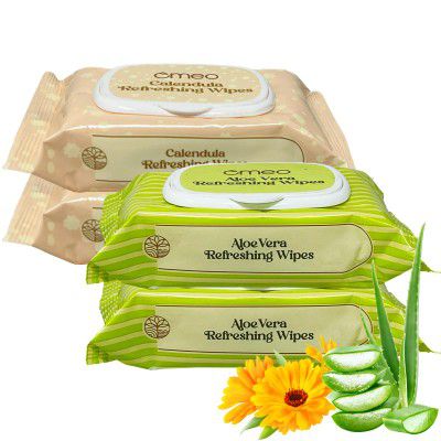 Omeo Aloe Vera (Pack of 2) and Calendula (Pack of 2) Refreshing & Hydrating Wet Wipes