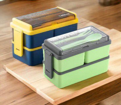 OMORTEX Classy Combo Of 2 Lunch Box With Spoon Fork (Pack Of 2) 3 Containers Lunch Box (1500 ml)