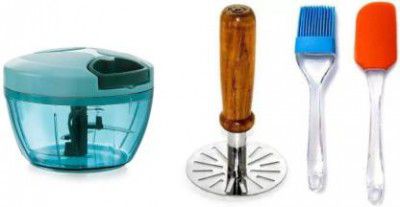 OMORTEX Kitchen Combo Of 450 ML Chopper, Wooden Masher& Spatula Brush (Pack Of 4) Vegetable & Fruit Chopper  (Chopper)