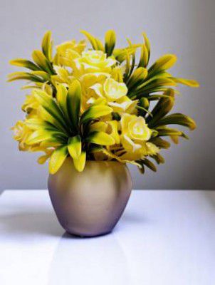 oms Yellow, Yellow Rose Artificial Flower with Pot  (22 cm, Pack of 1, Flower with Basket)