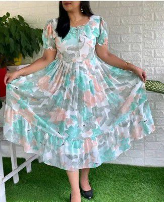 one amore Women Pleated Light Blue Maxi/Full Length Dress