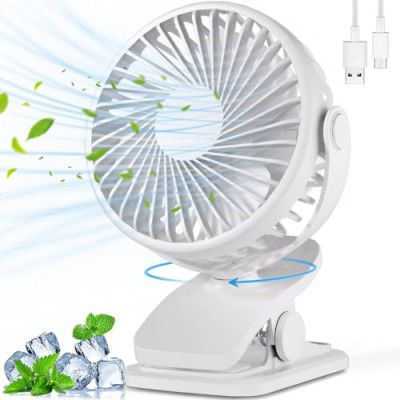 One94Store Mini Clip Fan – 110mm USB Rechargeable, 3-Speed, Silent Operation, 360° Rotatable, 1200mAh Battery (White)