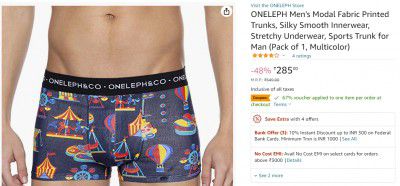 ONELEPH Men's Underwear at Flat ₹94 | Extra 67% off via Coupons