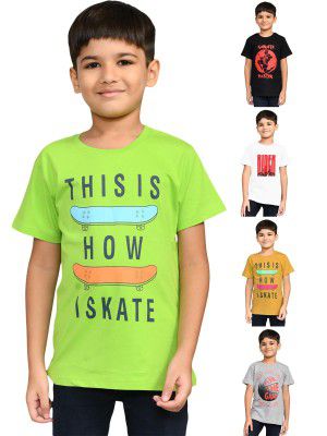 ONN Boy's Half Sleeves Round Neck Cotton T-Shirt | Colors & Prints May Vary | (Pack of 5)