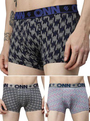 ONN Men's Pack of 3 Super Combed Cotton Printed Mini Trunk with Ultra Soft Waistband (Size: Small) Assorted