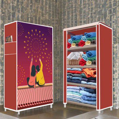 Opal 4 Shelf Couple Maroon Printed PP Collapsible Wardrobe  (Finish Color - Couple Maroon wow Printed, DIY(Do-It-Yourself))