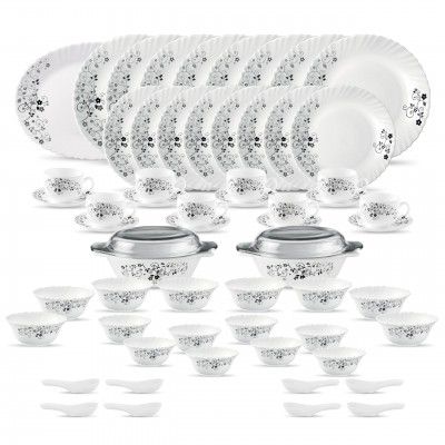 La Opala Diva Classique Collection Opal Glass Crockery | for Family of 8 | Dinner Set 61 pcs Mystrio Black