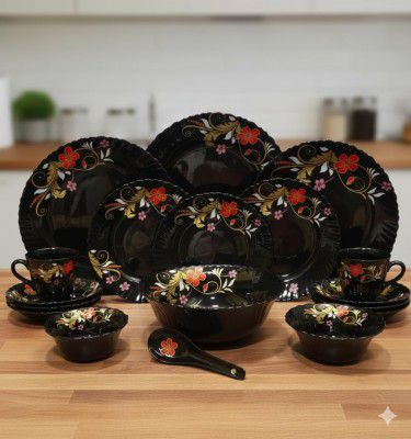 Opalware Divine Black 33 Pcs Dinner Set Serving for 6