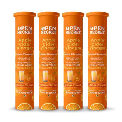 Open Secret Apple Cider Vinegar Tablet | 60 Effervescent | ACV Tablets for Weight Loss, Apple Cider Vinegar With the Mother, 100% Vegan ACV (Orange Flavour - Pack of 4)