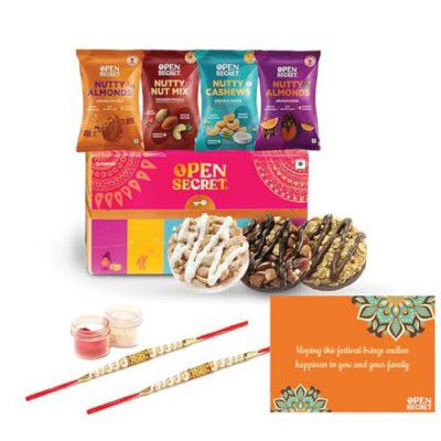 Open Secret Bhai Dooj Gift Set for Brother | Combo of 9 | Cookies Gift Hamper, Dry Fruit Gift Box, Bhai Dooj Gift for Sister with Thread, Festive Card & Roli Chawal