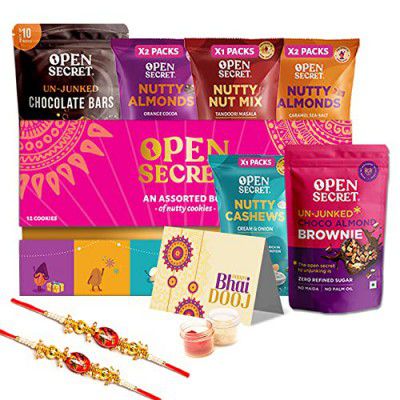 Open Secret BhaiDooj Chocolate Hamper|1 Gift Box (12 Assorted Cookies)|Brownie|Dark Chocolate(10 Bar)|Roli Chawal |2 tikka threads|1 BhaiDooj Card|Healthy Food Hamper|BhaiDooj Combo|Gift set for Kids/