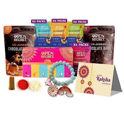 Open Secret BhaiDooj Hamper for Brother | 12 Assorted Cookies, Kids BhaiDooj, Dark Chocolate (Pack of 10), Caramel Chocolate (Pack of 10), Festive Card, Lights, 6 Cream & Onion Munchie (25g), 6 Pani P