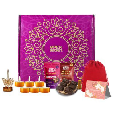 Open Secret Christmas & New Year Gift Hamper | 8 Item Gift Combo - Gift Box with Card, Scented Candles, Chocolate Gift Box, Brownie, Butterfly Stand, Festive Lights, Tandoori Flavored Nuts | Valentine