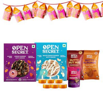 Open Secret Christmas & New Year Special Snacks Hamper Gift Combo Box | 7 Item Gift Combo - Cookies, Brownie, Dry Fruit and Nuts, Scented Candles and DIY Decoration Kit | Premium Dry Fruits | Gift for