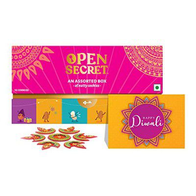 Open Secret Diwali Gift Hamper Item Snacks Combo Box | Assorted Cookies + Card + Designer Rangoli