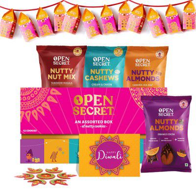 Open Secret Diwali Gift Hamper Item Snacks Combo Box | Assorted Cookies + Nuts + Card + Decorative Lanterns + Designer Rangoli