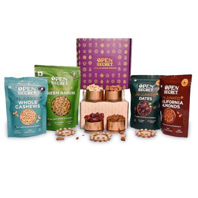 Open Secret Dry Fruit Gift Box | Combo of 4 | Dry Fruits, Diwali Dry Fruits Gift Box, Diwali Hamper, Diwali Gifts for Family & Friends, Diwali Gifts for Employees with Cashew, Almonds, Dates & Raisins