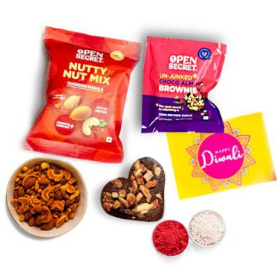 Open Secret Gift Hamper: 4 Items Combo - Festive Card, Brownies, Tandoori Mix Nuts, Roli and Chawal | Premium Gift Hamper for Employees, Family, Friends | Diwali Gift Box with Chocolate Brownie, Dry F