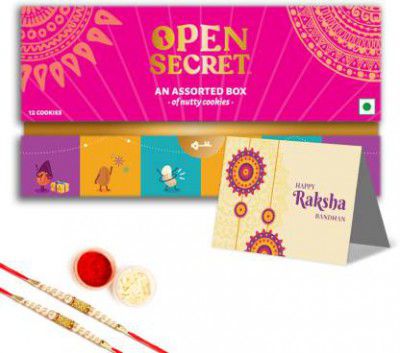 OPEN SECRET Rakhi Gift Hamper | 12 Assorted Cookies, Roli Chawal, 2 Rakhis Cotton, Paper, Plastic Gift Box  (Brown)
