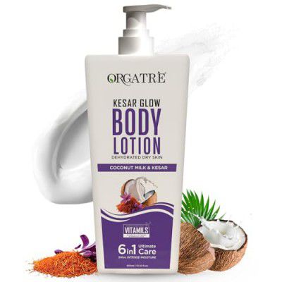 ORGATRE Kesar Glow Body Lotion for Dry Skin | Coconut Milk & Saffron | Deep Moisturization & Brightening – 400ml