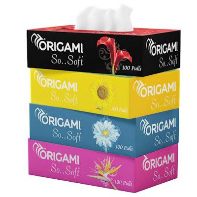 Origami 2 Ply Facial Tissue Box | Car Tissue - Pack of 4 (100 Pulls Per Box, 400 Sheets (800 sheets)