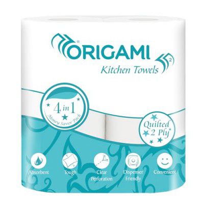 Origami 2 Ply Kitchen Tissue Paper Roll - Pack of 4 (60 Pulls Per Roll, 240 Sheets)