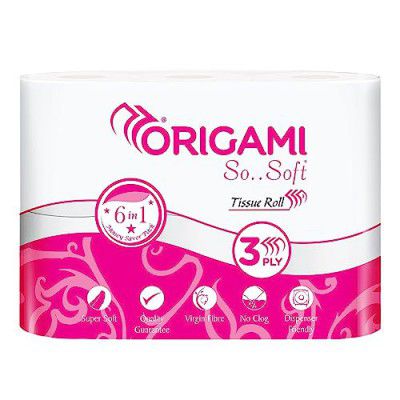 Origami 3 Ply Toilet Tissue Paper Roll - Pack of 6 (160 Pulls Per Roll, 960 Sheets)