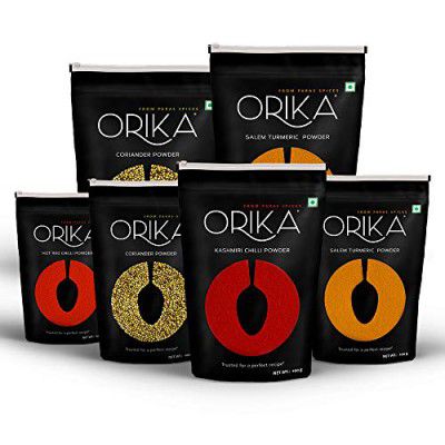ORIKA Salem Turmeric Powder, Coriander Powder, Kashmiri Chilli Powder, Hot Red Chilli Powder (Pack of 6, 100gms Each)