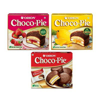 Orion Choco pie flavours 12pc (Pack of 3)| Mango & Strawberry Chocopie| Original Chocopie| Chocolate biscuit