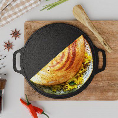 Ortex Cast Iron Dosa Tawa 12 Inch Pre Seasoned with Double Handle – Iron Tawa for Roti and Dosa Big Size | (30 cm, Black)
