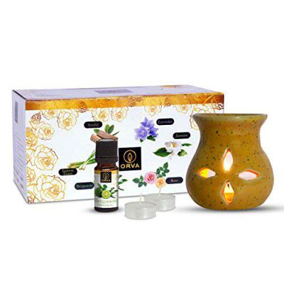 Orva Aroma Diffuser | Oil Burner with Tealight Candle and Diffuser Oil (Bergamote)- Combo of 3