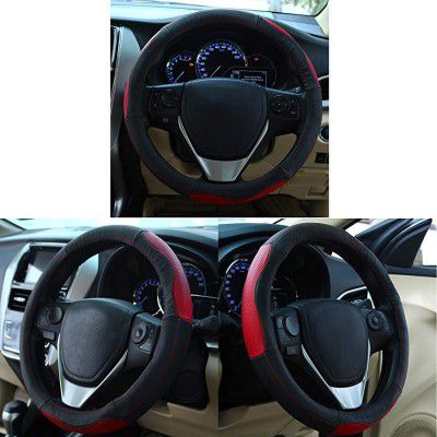 Oshotto SC-007 Leather Car Steering Cover (Black and Red,Small)
