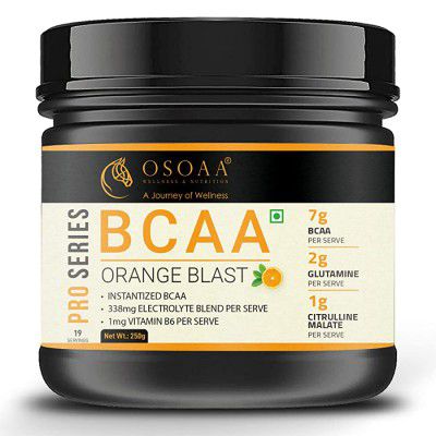 OSOAA Instant Hydration & Energy BCAA 2:1:1 Drink 250gm Orange with Vit B6 Citrulline M Glutamine& Electrolytes Men & Women Workout Supplement- 7gm BCAA/Serve