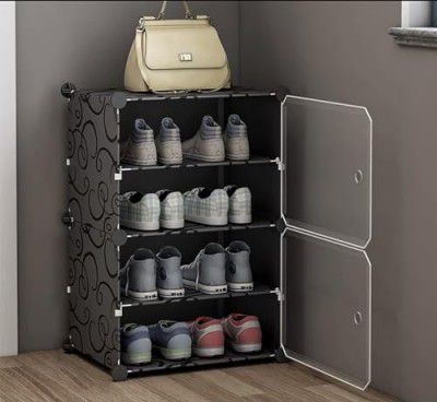 Oumffy Portable Plastic Shoe Rack Organizer with Door, 12 Pairs Shoe Storage Cabinet Easy Assembly, Adjustable Shoe Storage Organizer Stackable Detachable Shoe Rack DIY 4 Shelf 2 Door (Black)