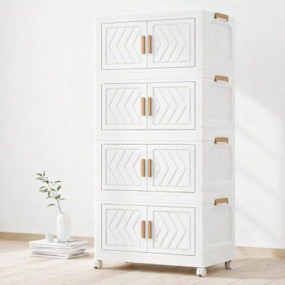 Owme Collapsible Plastic Wardrobe for Unisex | 4-Tier Multi-Layer Storage Cabinet with Doors & Drawers | Portable Clothes Organizer - Ivory