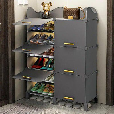 Owme Plastic Shoes Rack for Home, 6-Door 12-Shelf Portable Shoes Rack, H-Grey