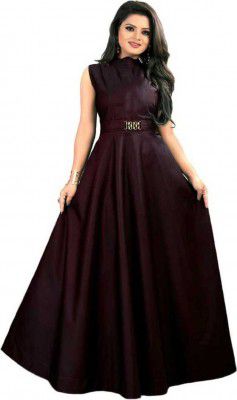 OXI  Solid Satin Blend Stitched Flared/A-line Gown  (Purple)