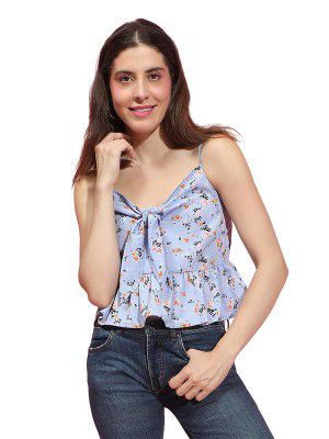 oxolloxo Women Blue Floral Print V- Neck Tie-Knotted Strappy Crop Top