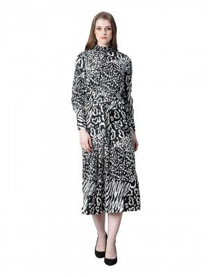 oxolloxo Women Floral Print Long Sleeve Round Neck Belted Slit Style Below Knee-Length Dress