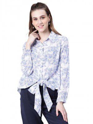 oxolloxo Women Floral Print Tie-Up Collared Long Sleeve Cotton Shirt