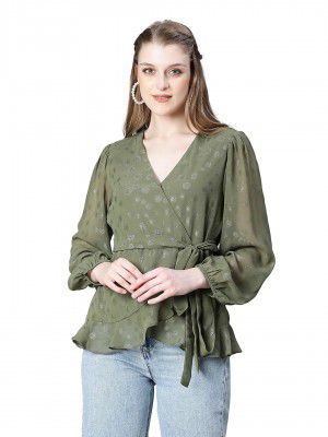 oxolloxo Women Foil Print V-Neck Long Sleeve Elasticated Belted Top